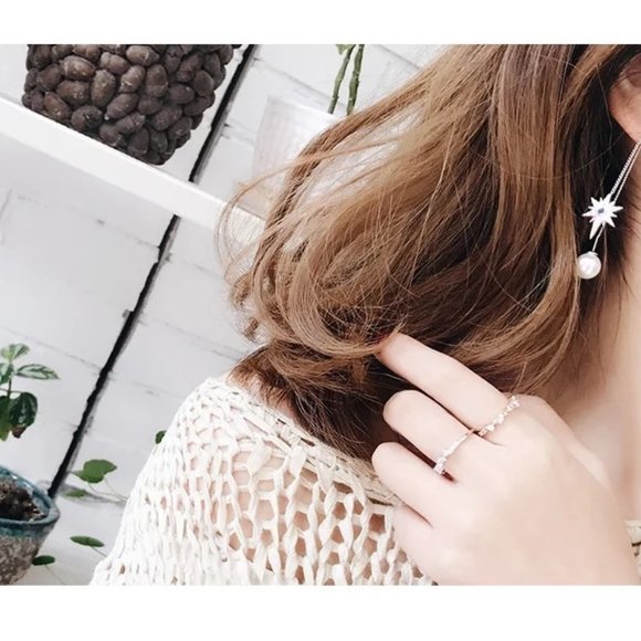 14k Gold Shell Pearl Diamonds Threader Star Earrings Sterling Silver - Picture 3 of 9